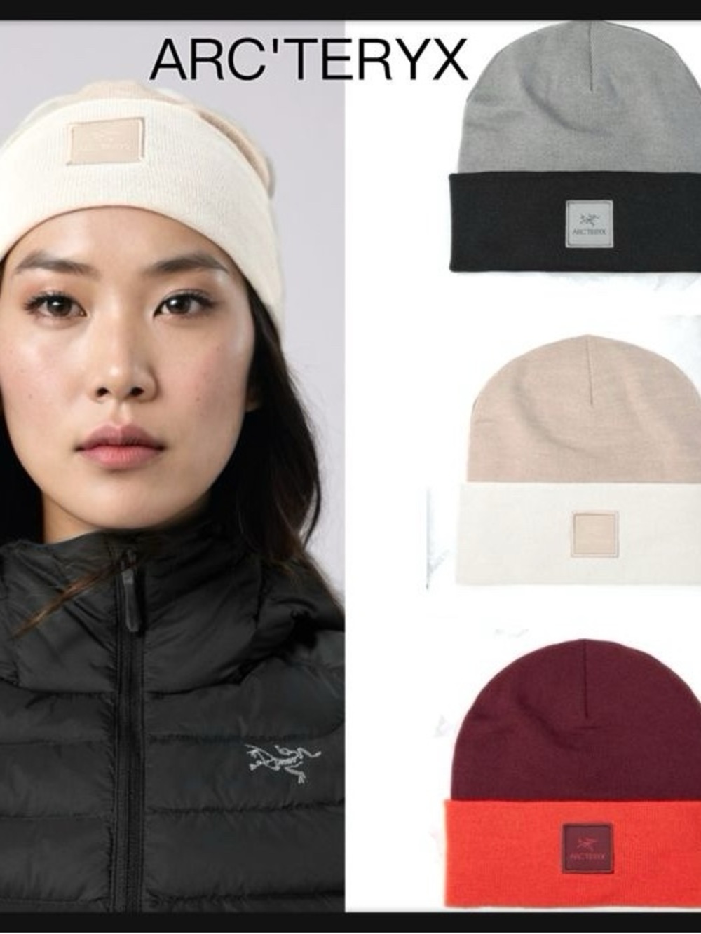 Arc'teryx Color Block Toque Fold Beanie Hat Cream / Taupe Ribbed Unisex Wool